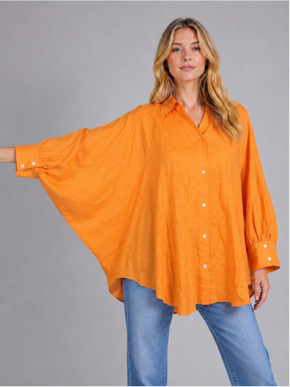 Neiman Marcus 100% Linen Shirt Orange Oversized Batwing Sleeves Lagenlook Sz 14